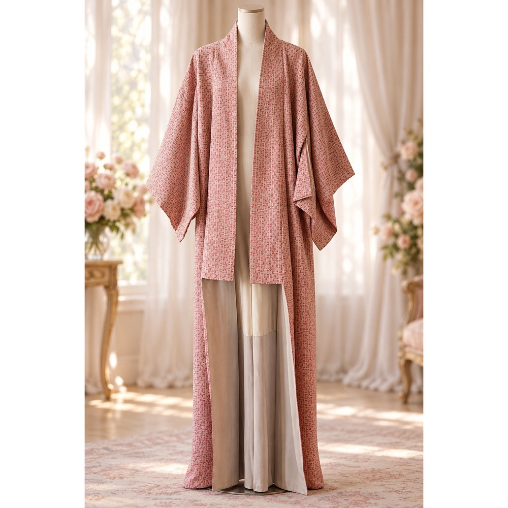 Handmade Kimono Robe Women One Size Like New Red White Geometric Floral Maxi
